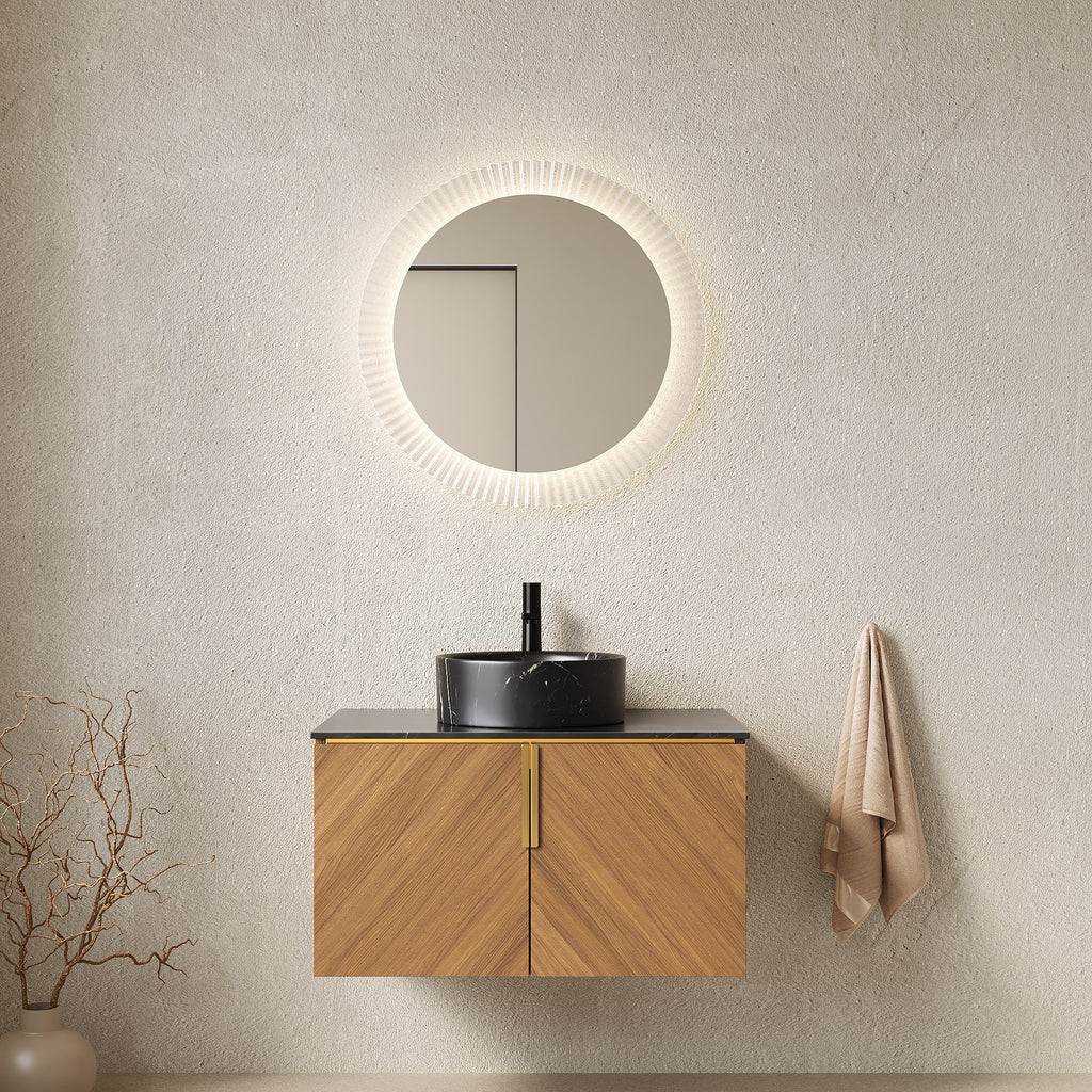30" Wall-Mounted Bathroom Vanity with Ceramic Sink - Brown Oak