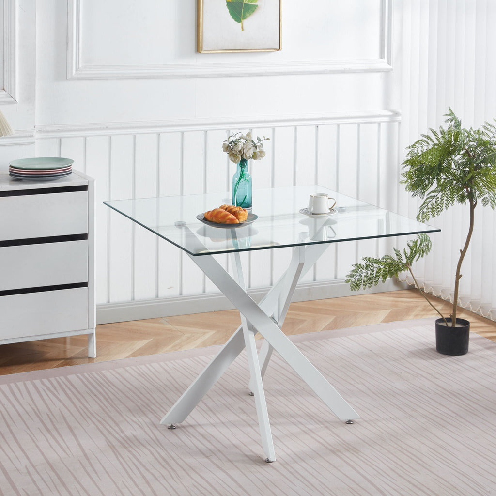 Modern Tempered Glass Dining Table with Cross Metal Legs - Multiple Colors
