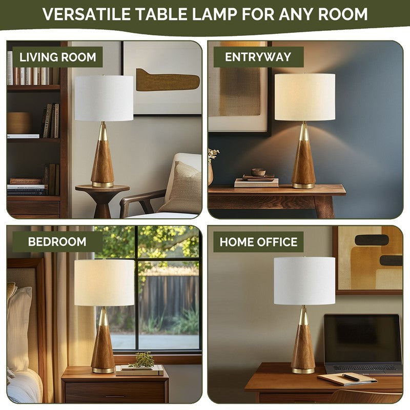 Triangular Table Lamp with Espresso Wood Grain and Linen Shade - Gold & Brown