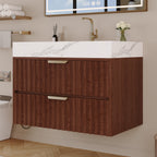 30" Modern Floating Bathroom Vanity with Seamless Sintered Stone Top - Walnut, White or Brown, Walnut