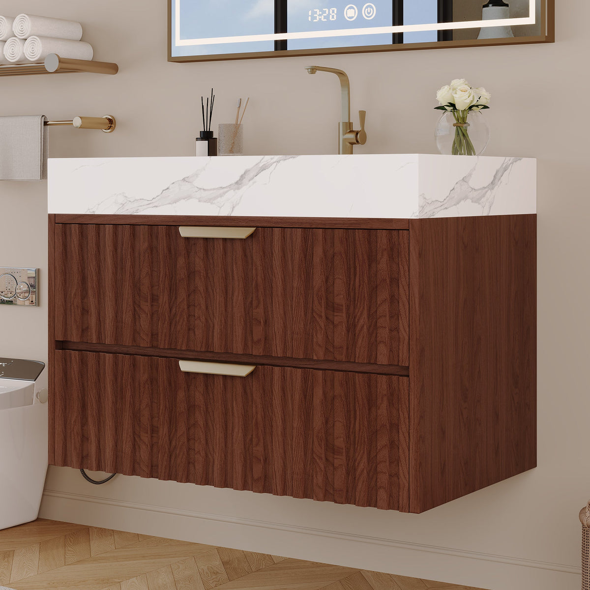 30" Modern Floating Bathroom Vanity with Seamless Sintered Stone Top - Walnut, White or Brown, Walnut
