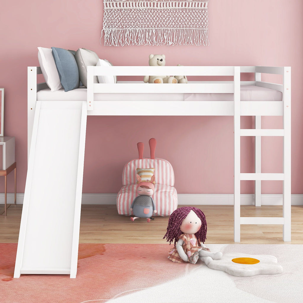White Full Loft Bed with Slide - Multifunctional Design