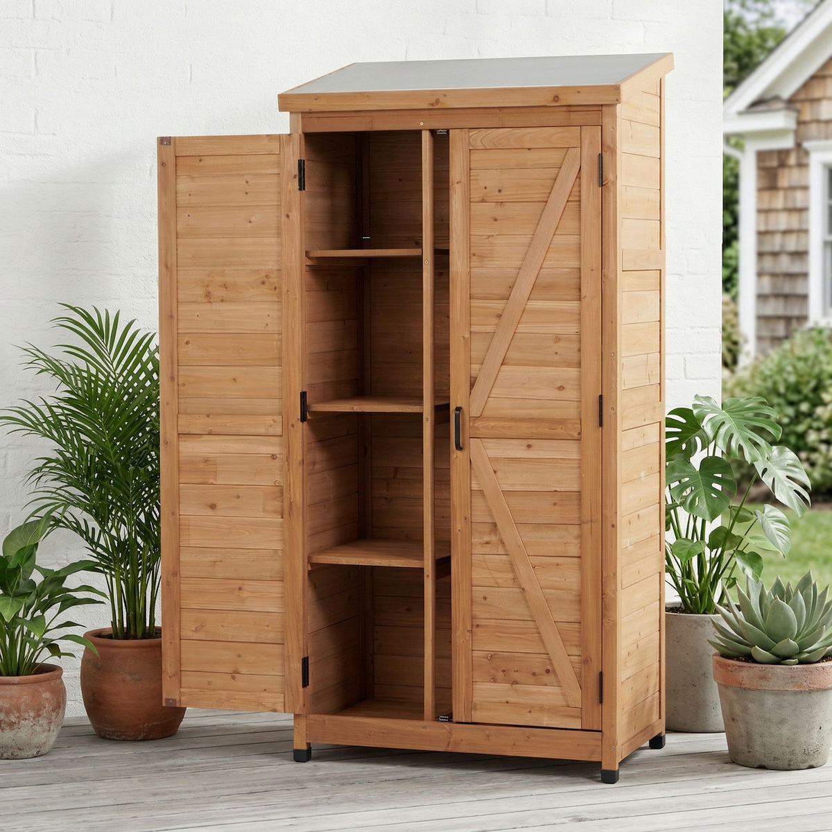 Outdoor Storage Shed with Vertical Tool Cabinet - Solid Wood, Dark Gray or Light Brown