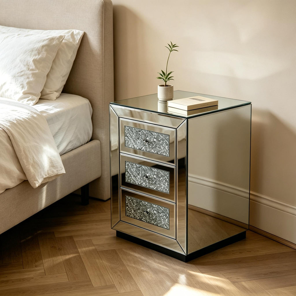 3 Drawer Nightstand with Glass Accents - Silver