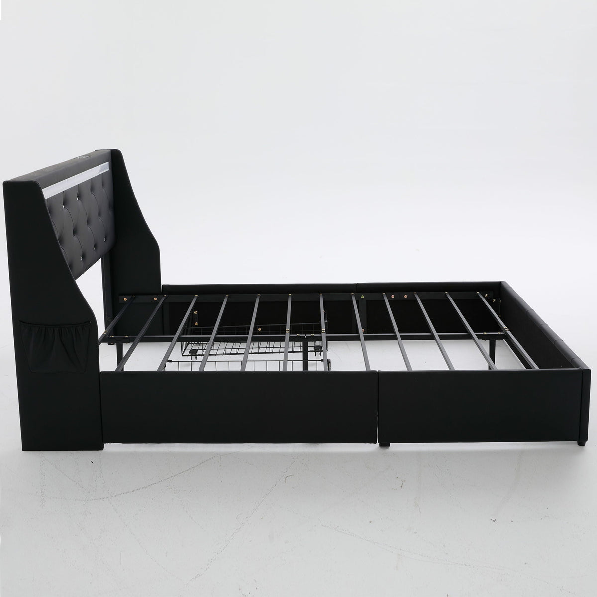 Wingback Upholstered Bed Frame with LED Lights and Charging Station - Black or White