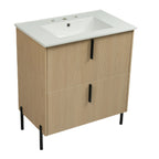Bathroom Vanity With Ceramic Sink and Fluted Design - Dark Green, White, Light Brown