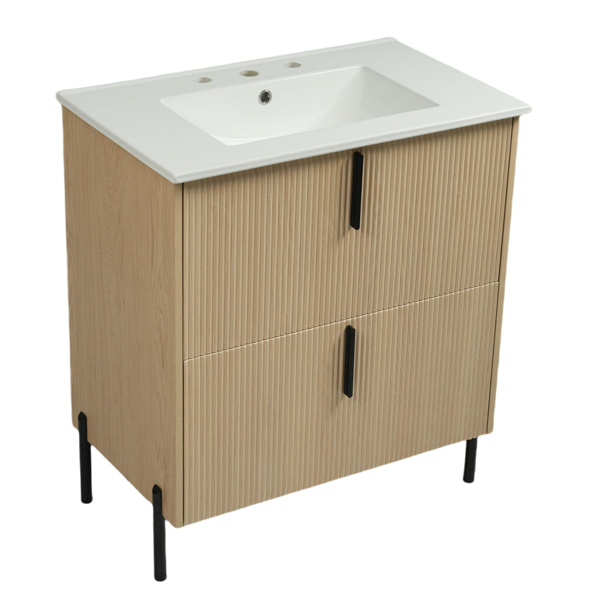 Bathroom Vanity With Ceramic Sink and Fluted Design - Dark Green, White, Light Brown