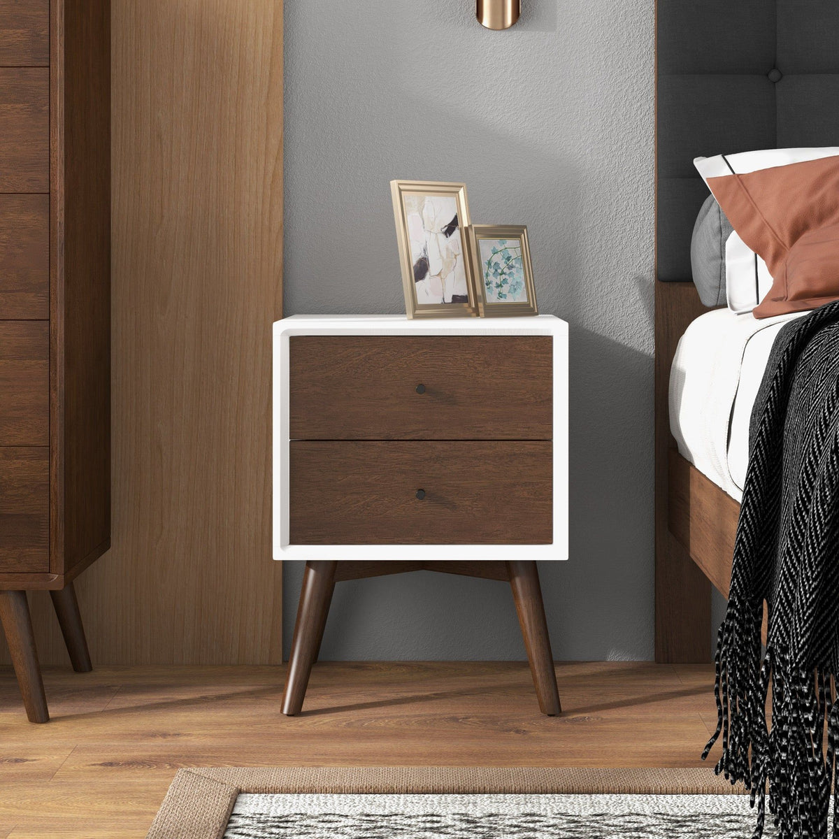 Mid-Century Modern Night Stand with 2 Drawers - Dark Brown or White