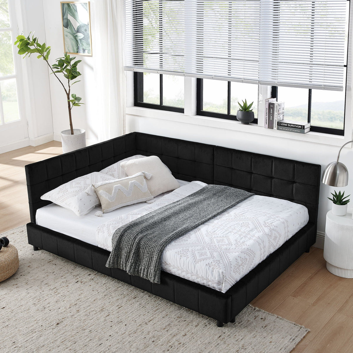 Mid-Century Storage Upholstered Tufted Bed Frame with Backrest and Armrests - Multiple Colors