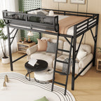 Full Size Loft Bed with Ladder and Storage Shelves - Black Metal
