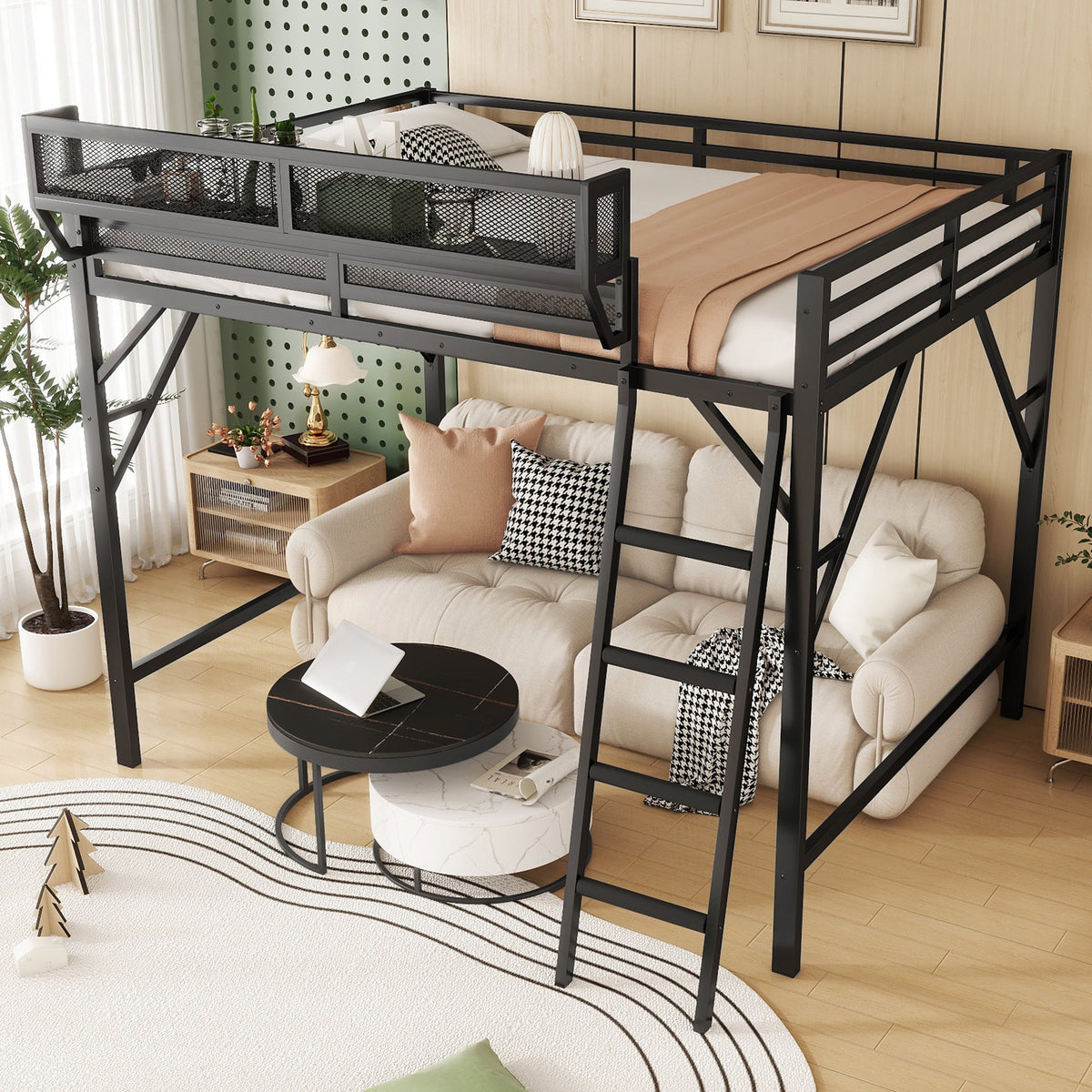 Full Size Loft Bed with Ladder and Storage Shelves - Black Metal