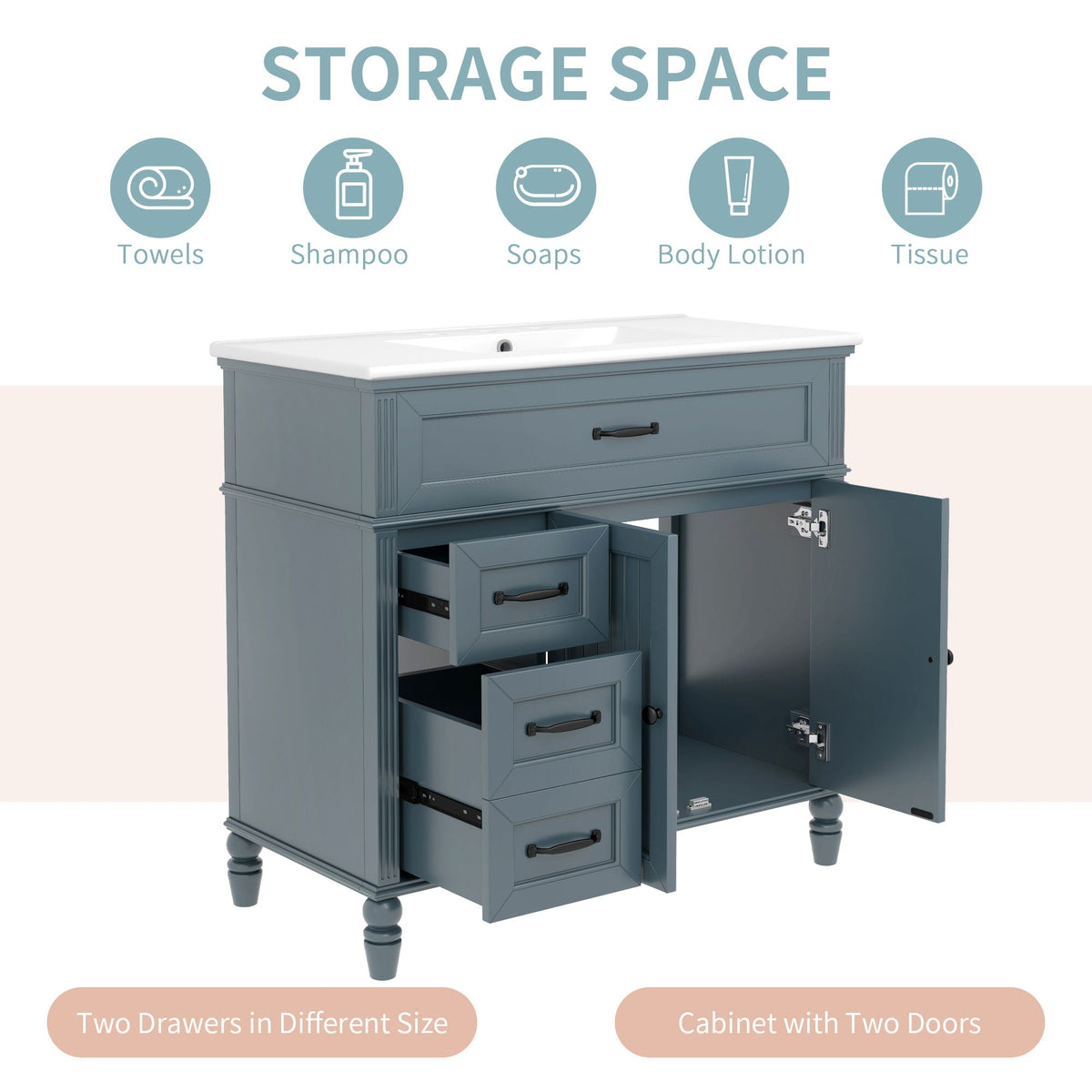 Bathroom Vanity With Sink and Drawers - Freestanding Solid Wood Cabinet