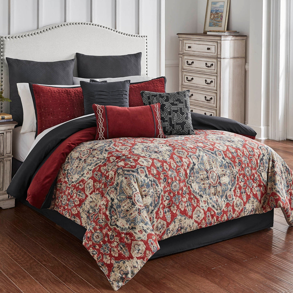 Sadler 9-Pc Burgundy & Blue Medallion Comforter Ensemble with Decorative Pillows - Multi