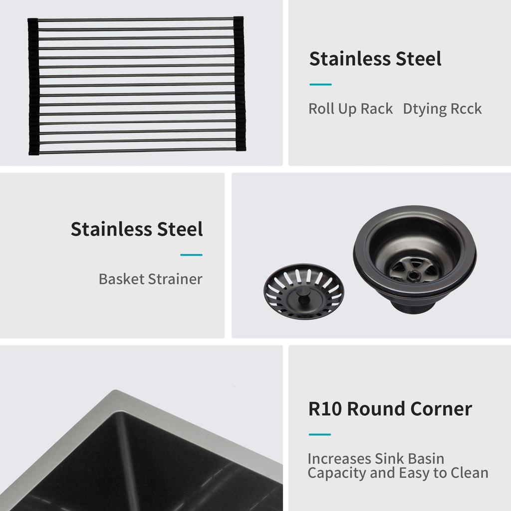 Black Undermount Kitchen Sink with Soundproof Pads - Stainless Steel