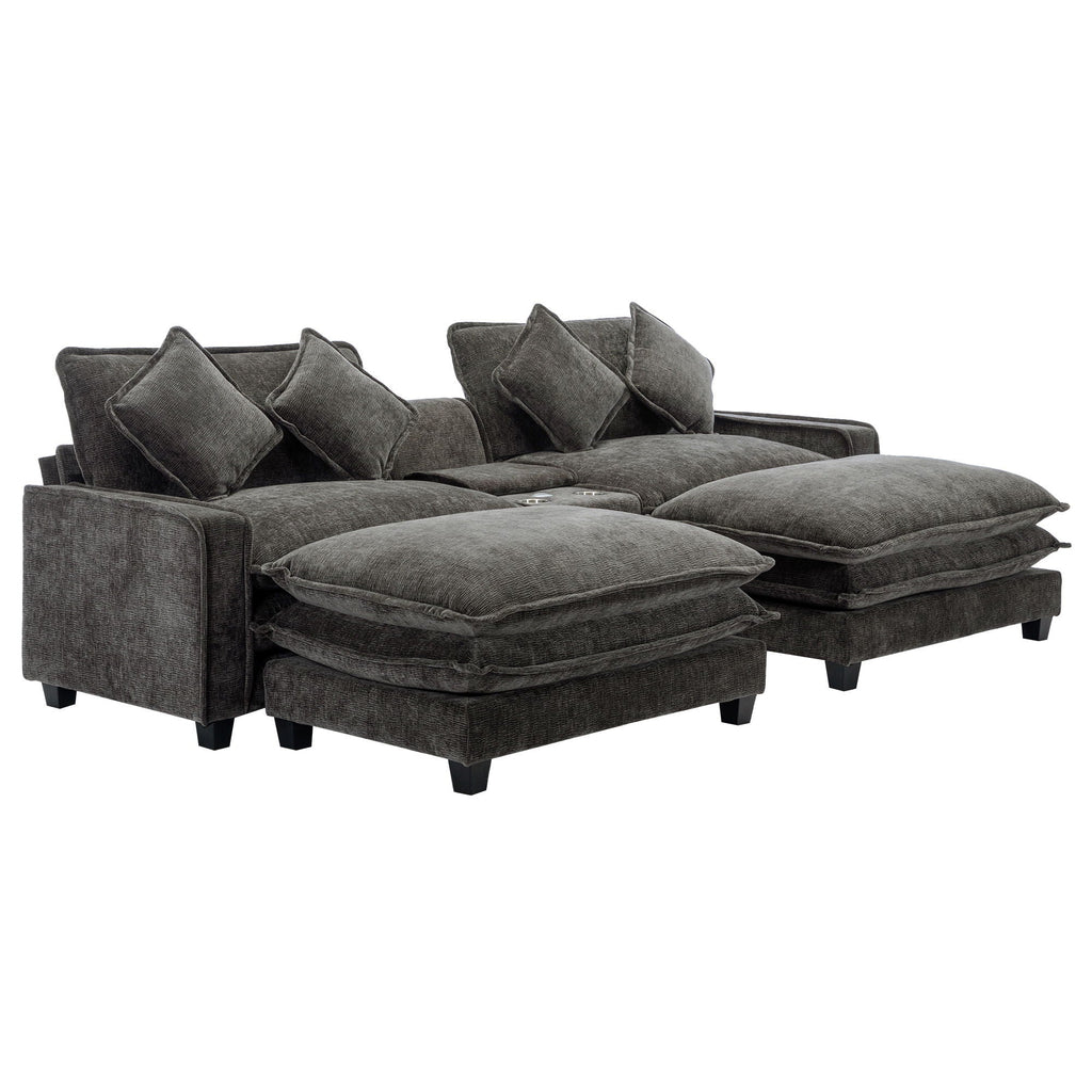 Modern Sectional Sofa with Removable Ottomans, USB Ports - Dark Gray or Light Blue