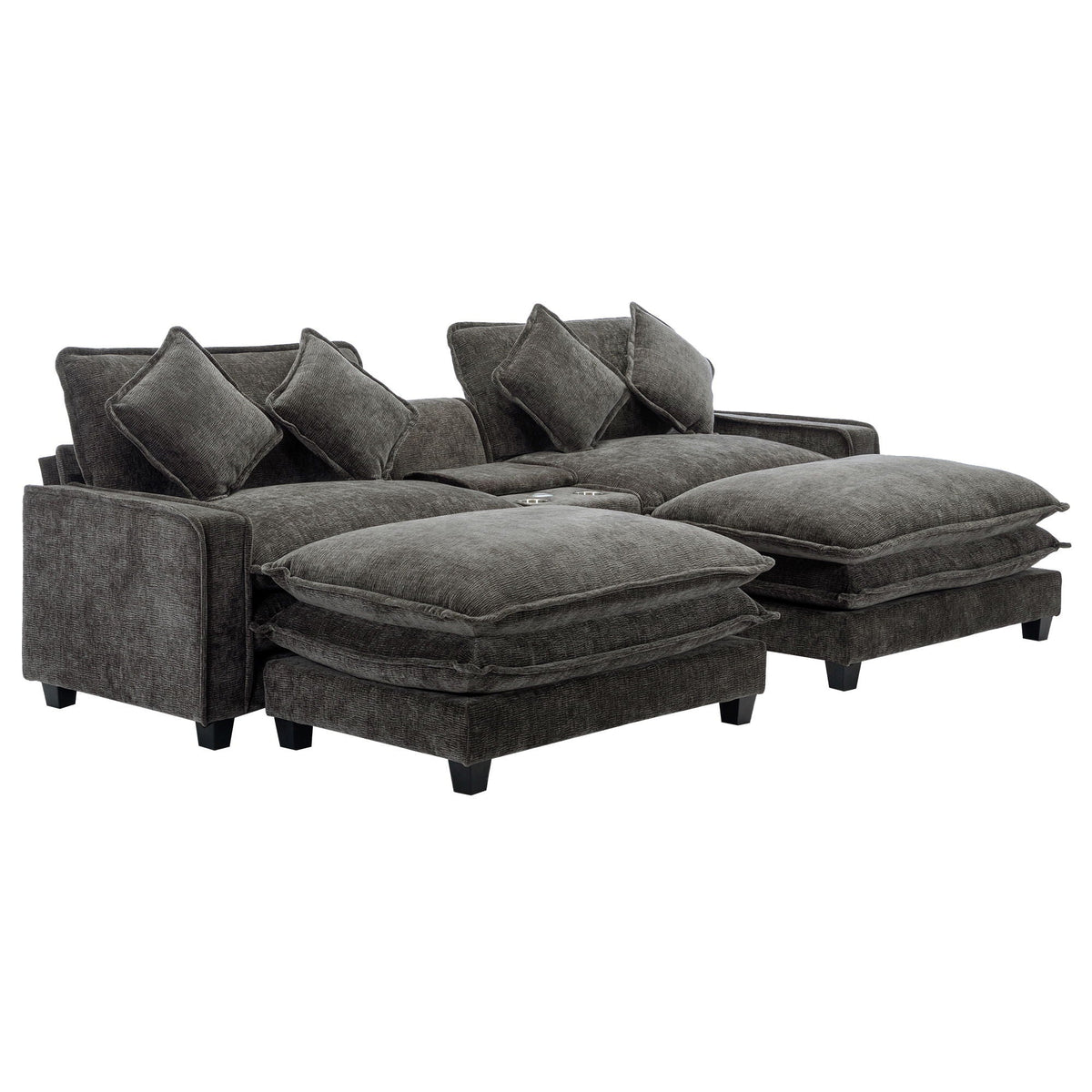 Modern Sectional Sofa with Removable Ottomans, USB Ports - Dark Gray or Light Blue