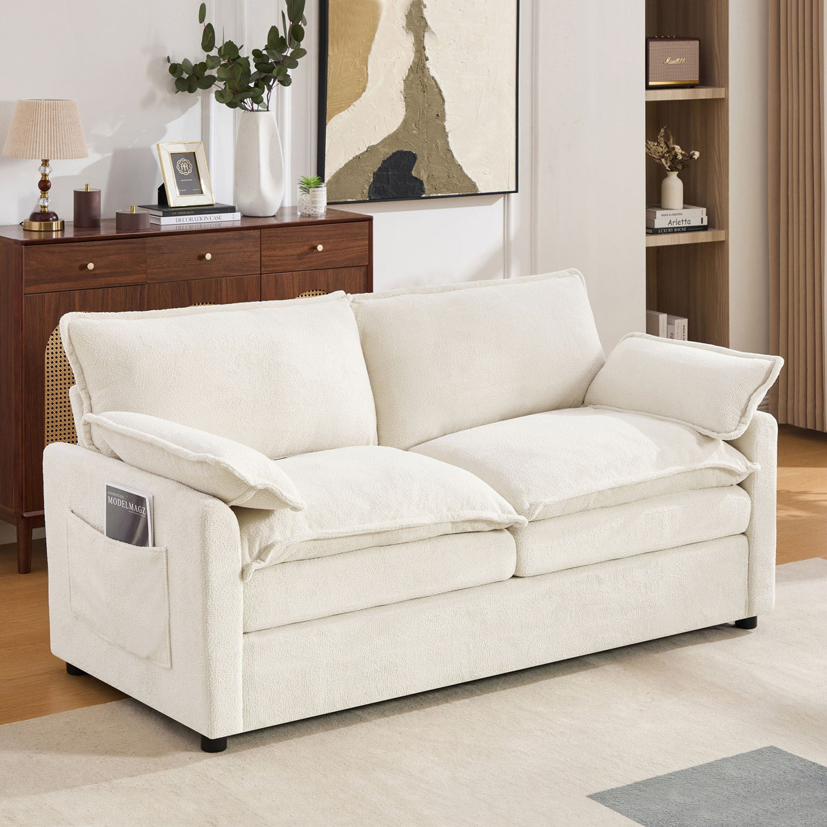 Modern Loveseat Sofa with Side Storage Pockets - Green, Beige, or Dark Gray