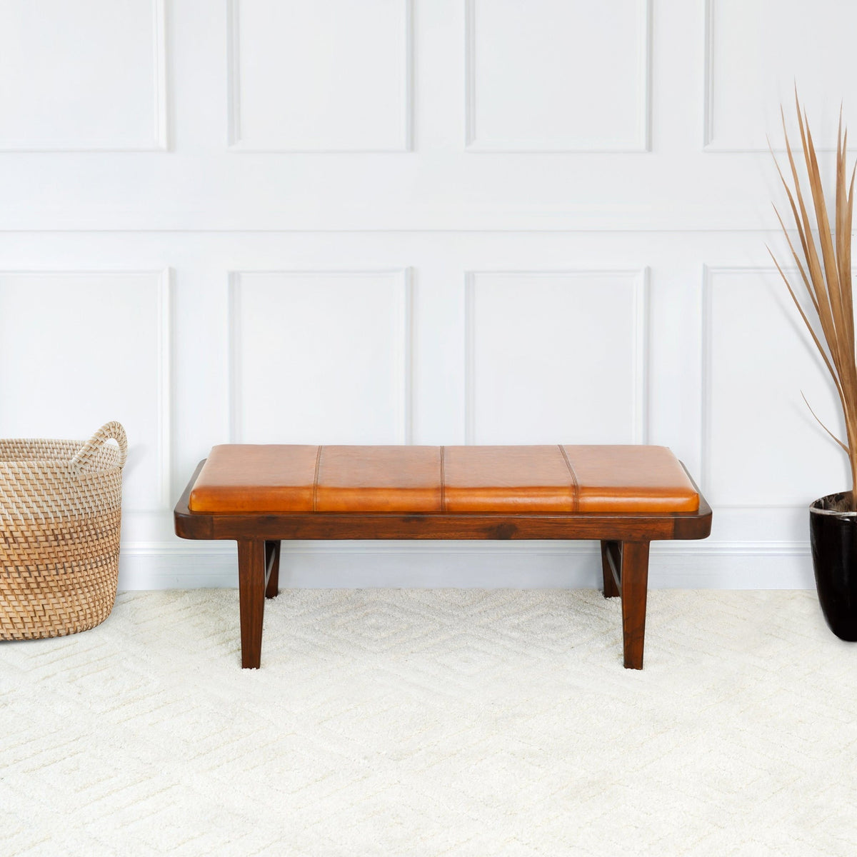 Rustic Upholstered Bench with Genuine Leather Cushion - Tan