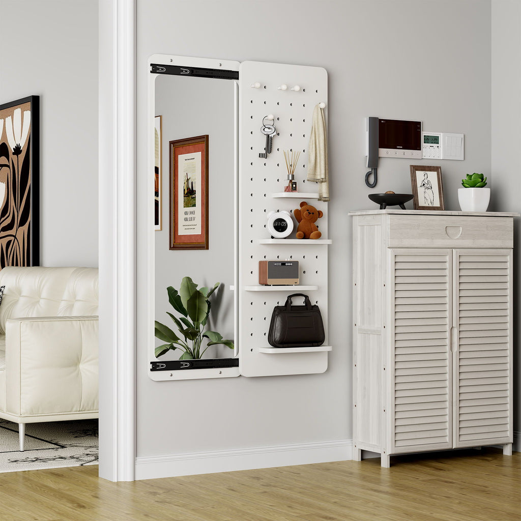 Full Length Wall Mounted Mirror with Shelf and Hook - Dark Brown, White, or Light Brown