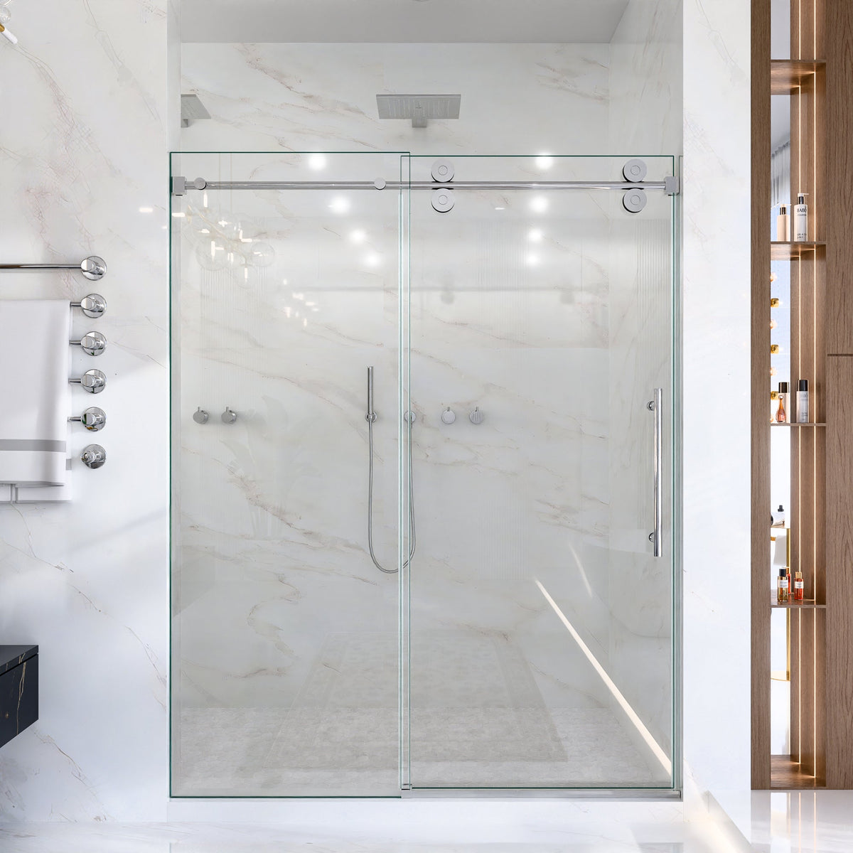 Frameless Single Sliding Shower Door with Stainless Steel Rollers - Chrome