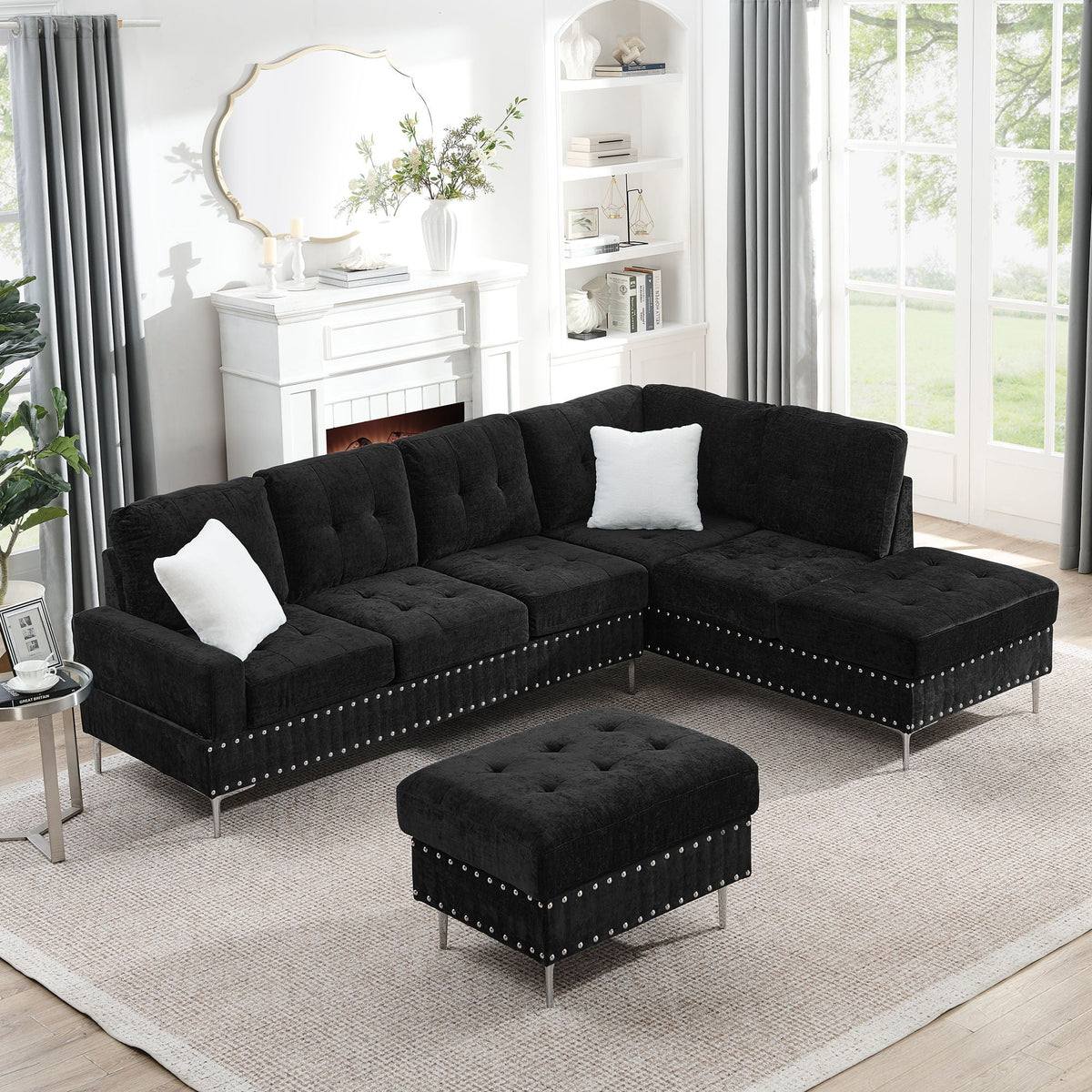 L-Shaped Sectional Sofa with Chaise and Storage Ottoman - Blue or Black