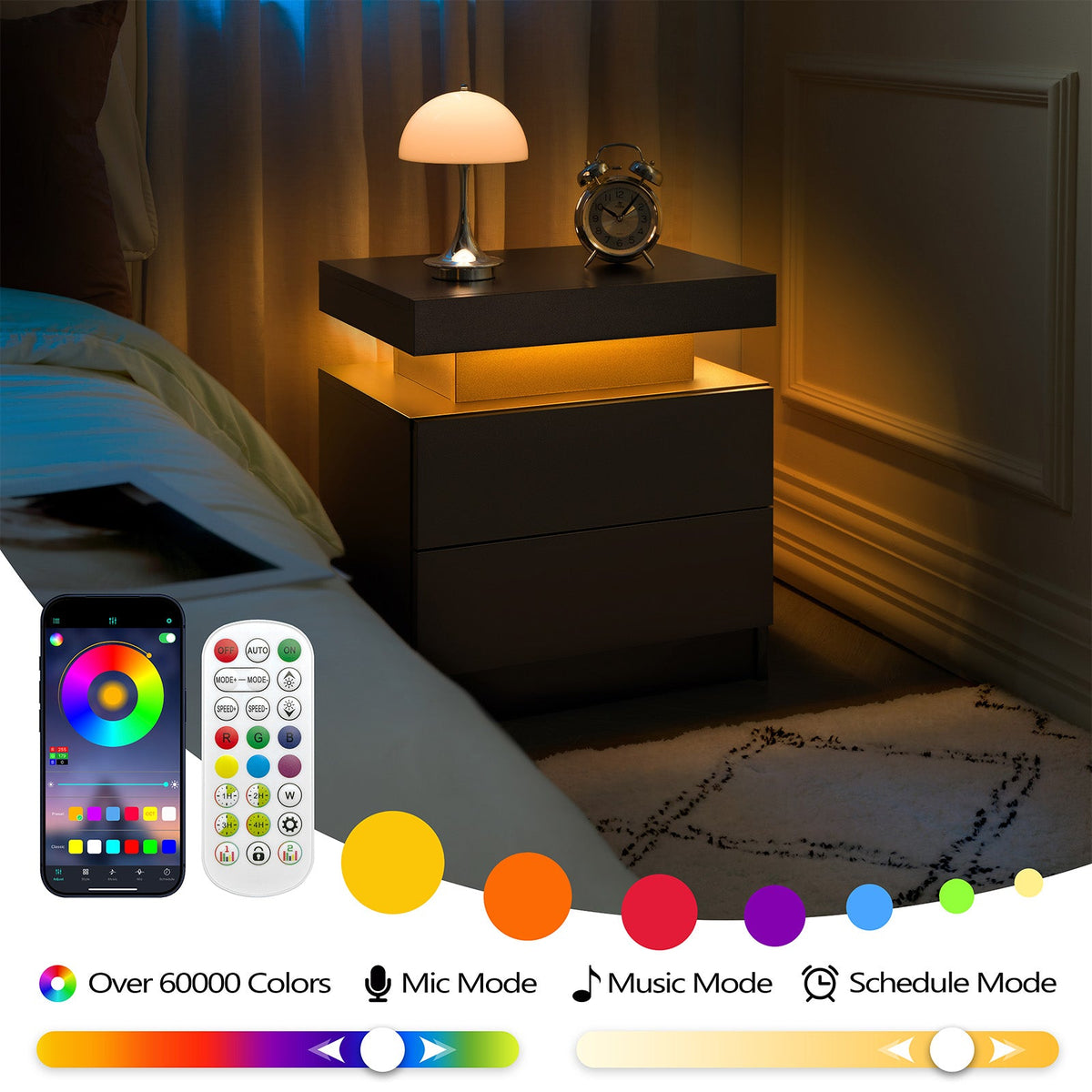 Modern LED Nightstand with 2 Drawers and Adjustable LED Lights - White