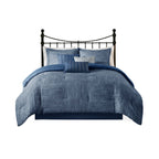 7 Piece Printed Seersucker Comforter Set with Hypoallergenic Fill - Navy