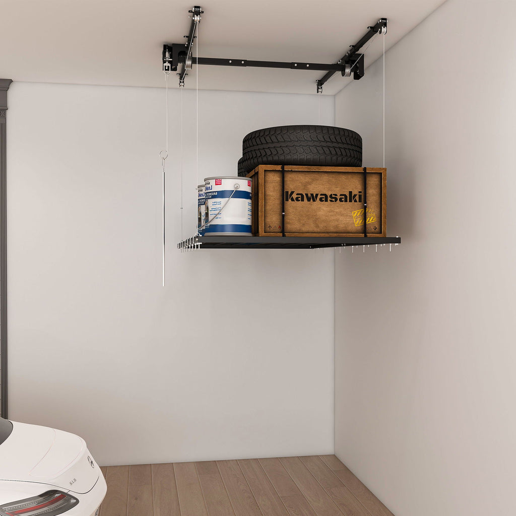 Overhead Garage Storage Rack with Crank System - Black or White