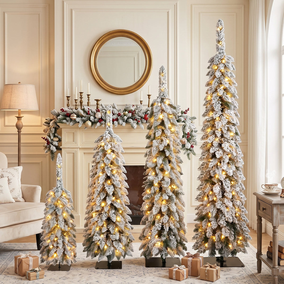 Pre-Flocked Pencil Christmas Trees 4 Pack with Easy Setup - White Flocked