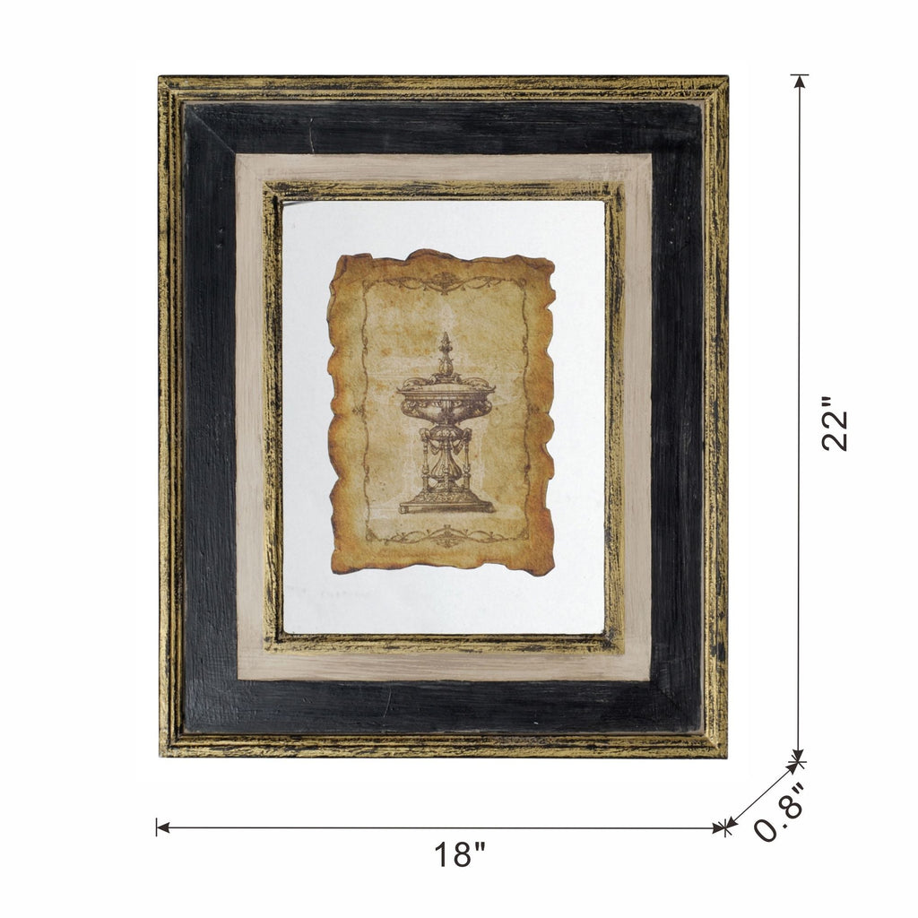 Framed Antiqued Sculpture Print with Wood Frame - Light Brown