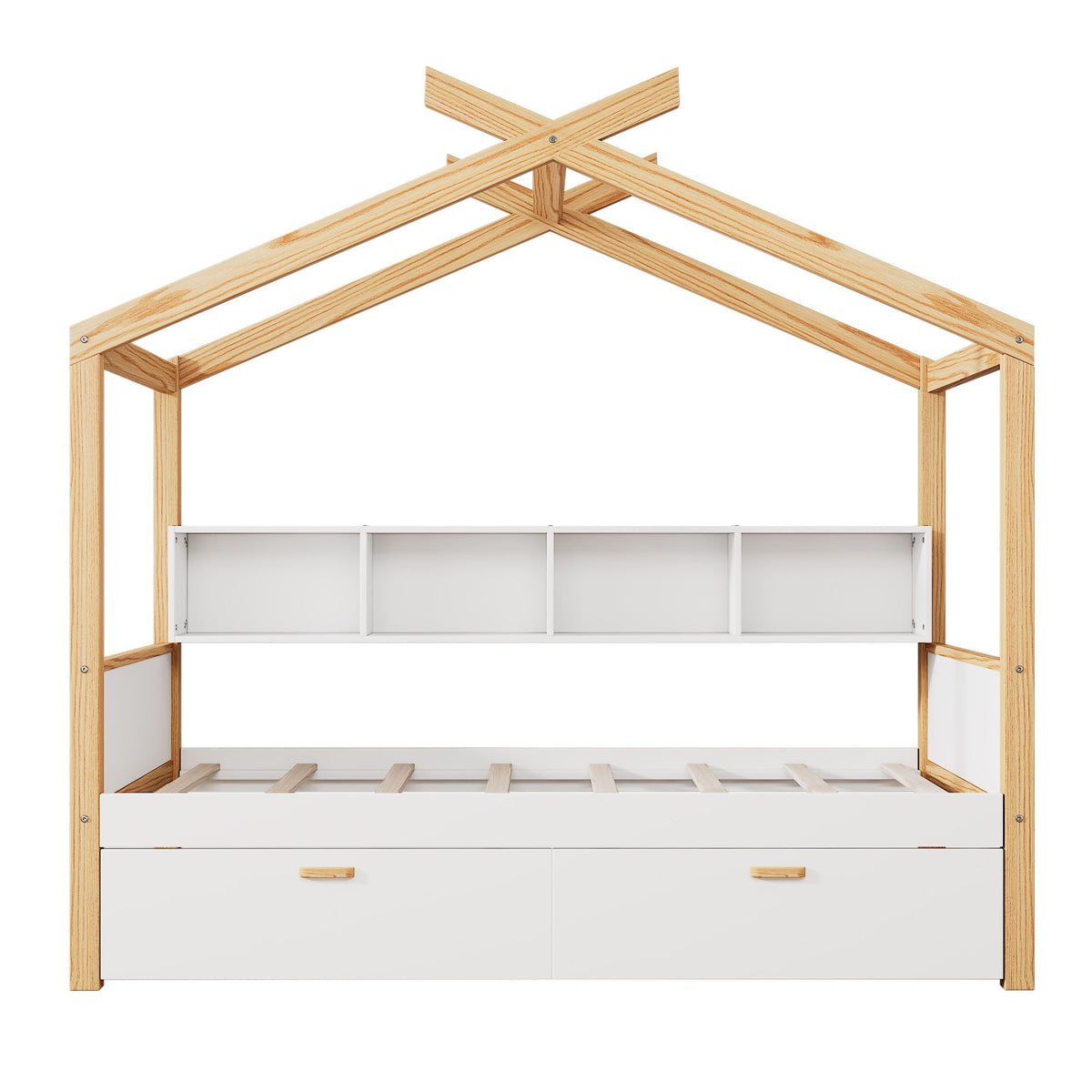 House Bed With Bookshelf Storage and Integrated Shelves - White