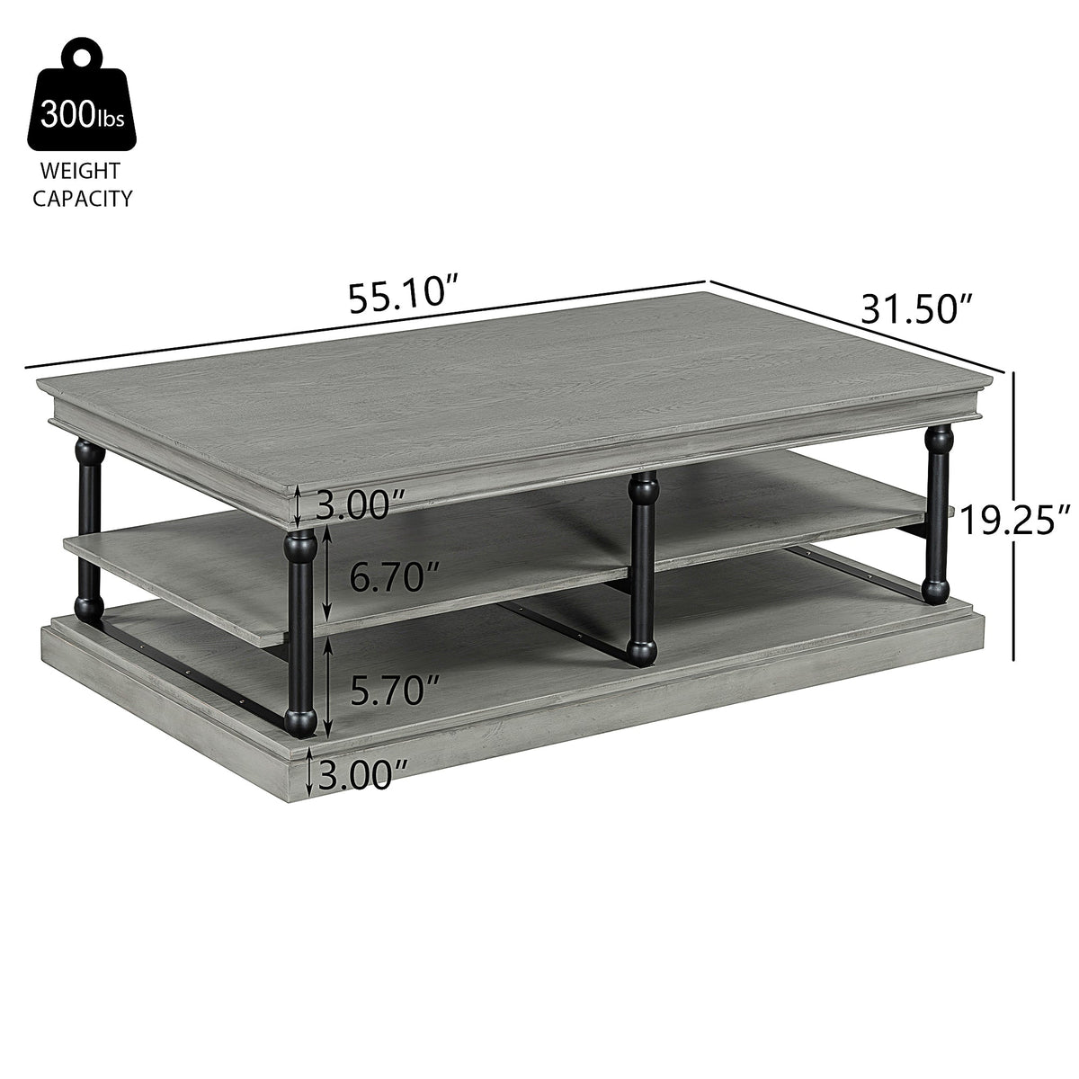 Wood Coffee Table with Storage Shelves - Black + Gray