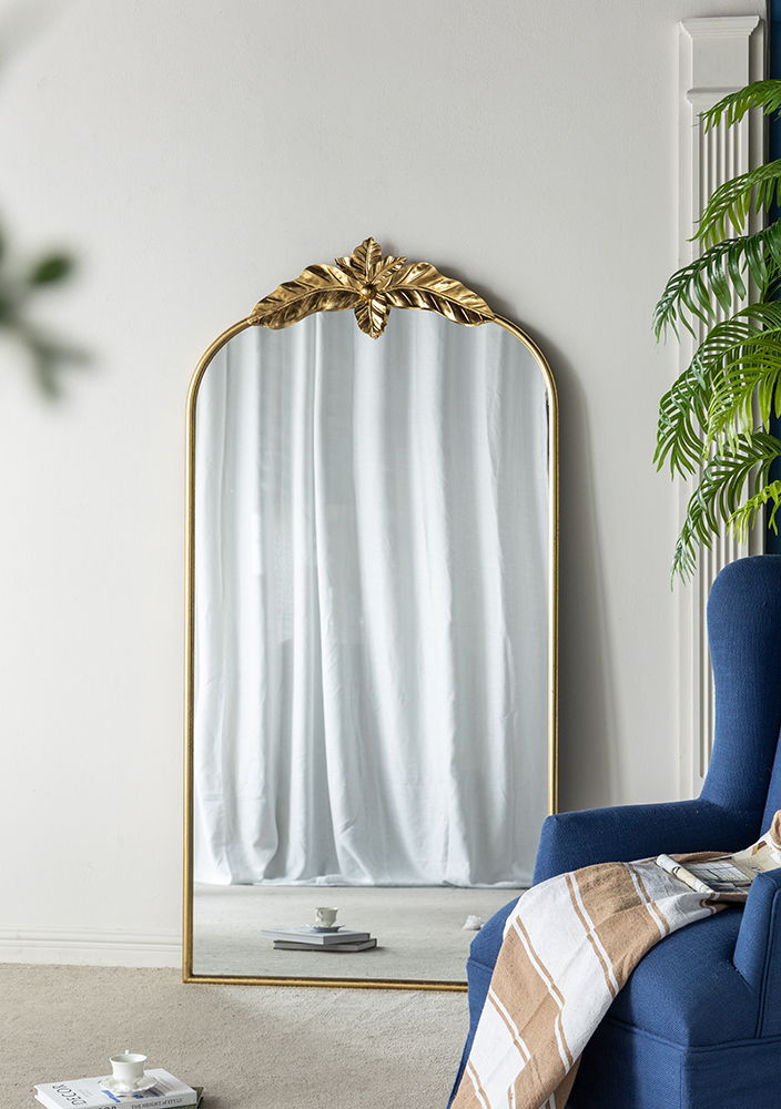Gold Arched Wall Mirror with Metal Frame - Decorative Accent
