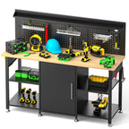 Workbench with Storage Cabinet and Pegboard with Power Outlet - Black