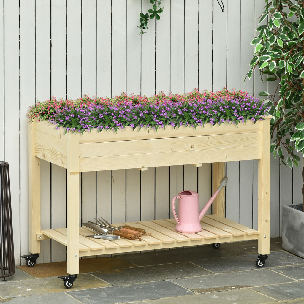 Raised Wooden Planter Box with Lockable Wheels - Natural