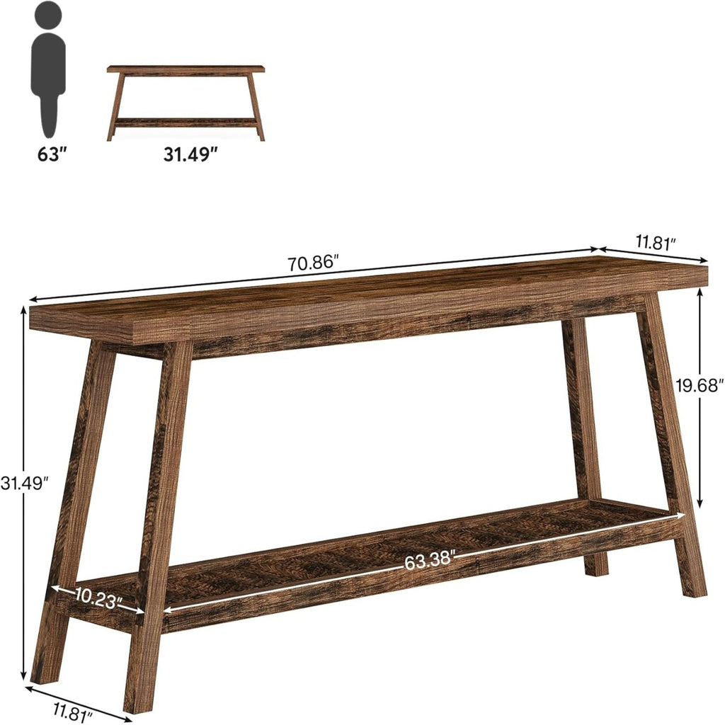 Extra Long Console Table with 2-Tier Open Storage - Farmhouse Style - Brown