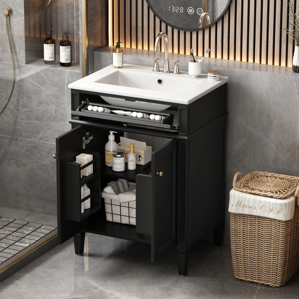 Bathroom Vanity with Solid Wood Frame and Tip Out Drawer - Black, White, Dark Green