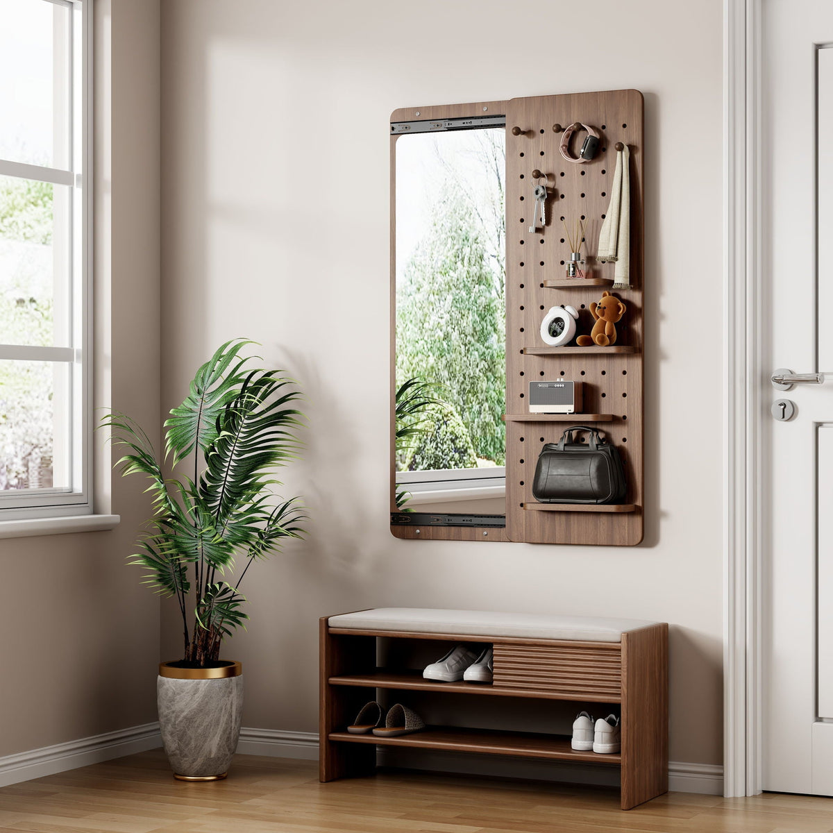 Full Length Wall Mounted Mirror with Shelf and Hook - Dark Brown, White, or Light Brown