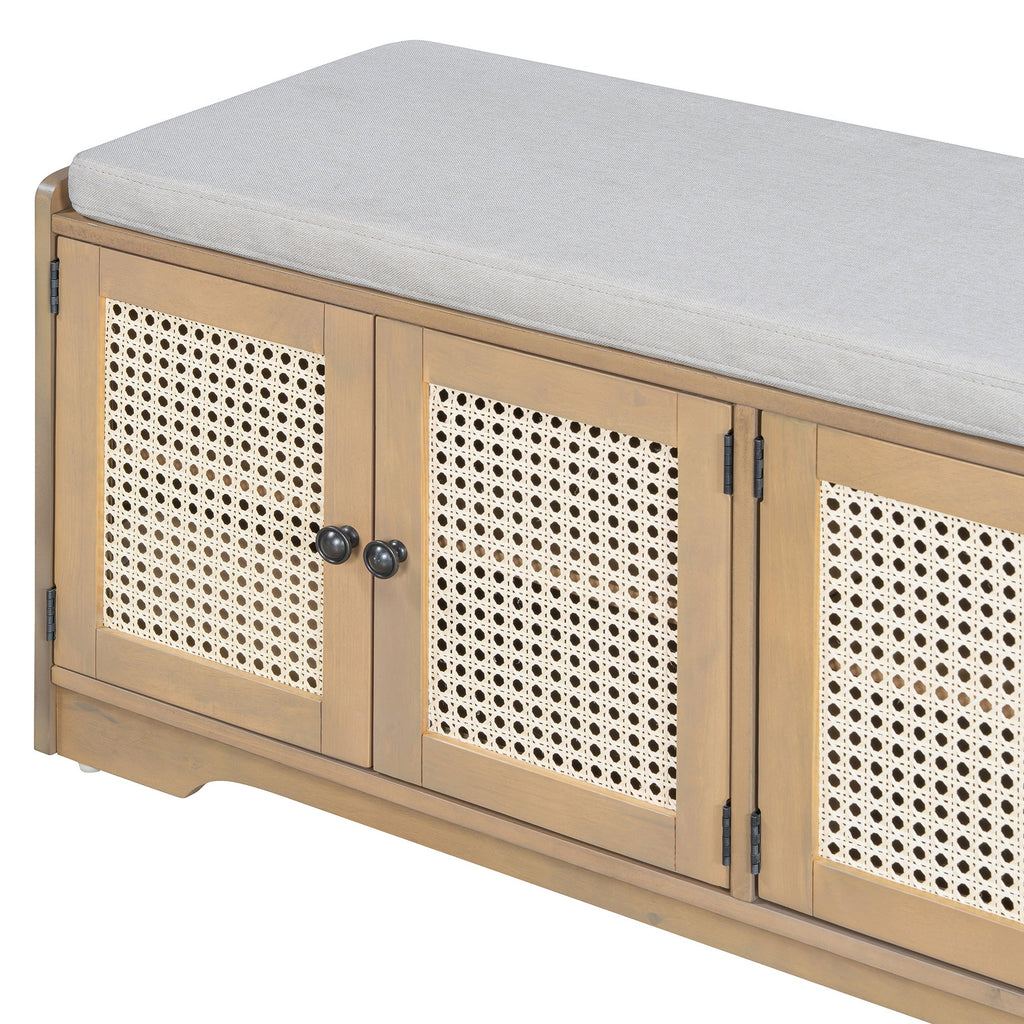 Rustic Storage Bench with Woven Rattan Doors - Natural Wood Finish