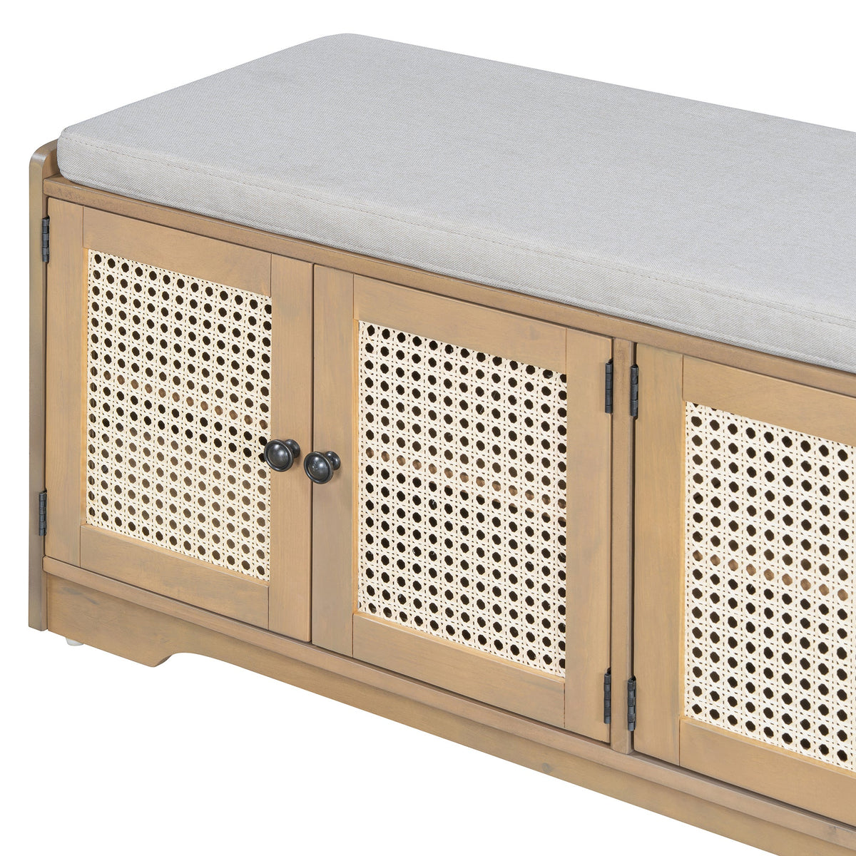 Rustic Storage Bench with Woven Rattan Doors - Natural Wood Finish
