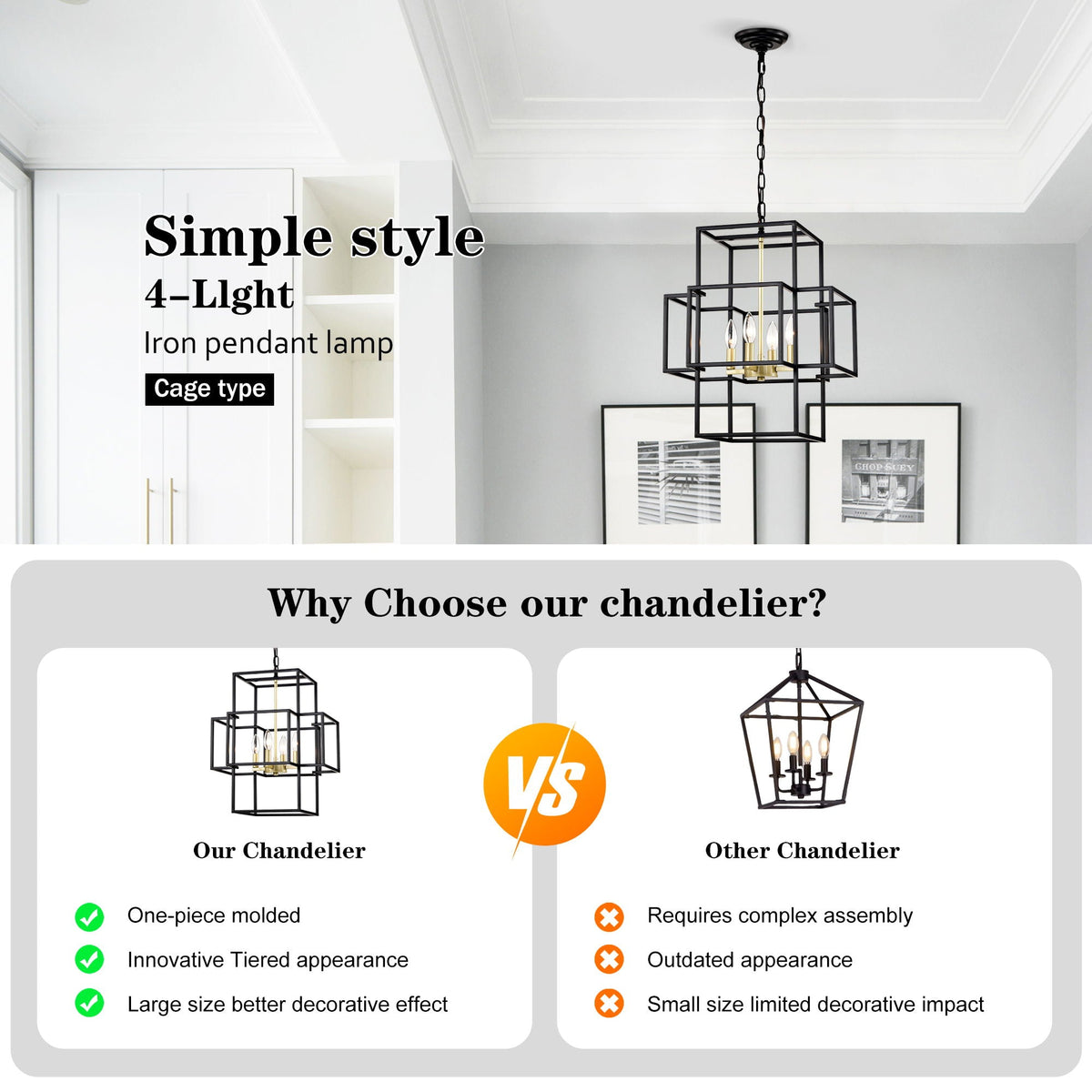 4 Light Metal Lantern Pendant Light with Adjustable Height - Black or Gold