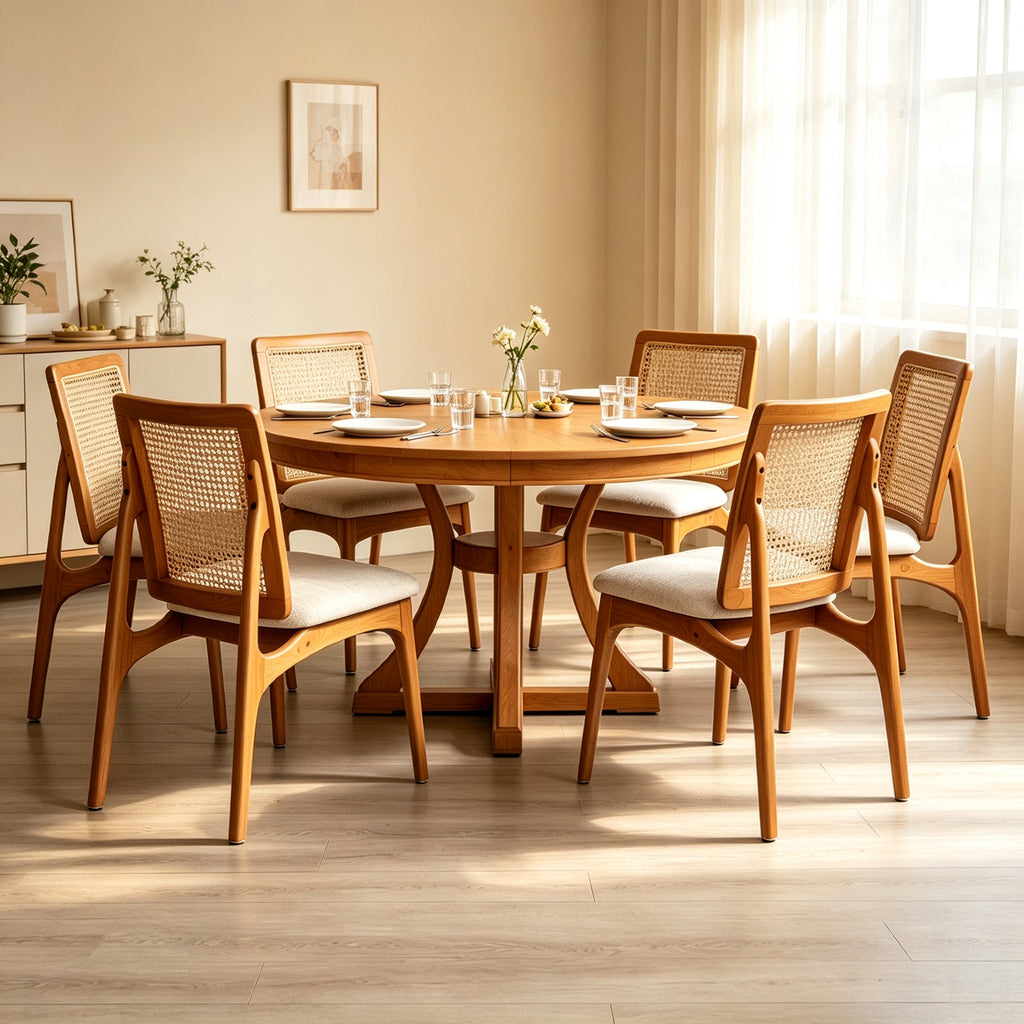 7-Piece Extendable Wood Dining Set with Rattan-Back Chairs