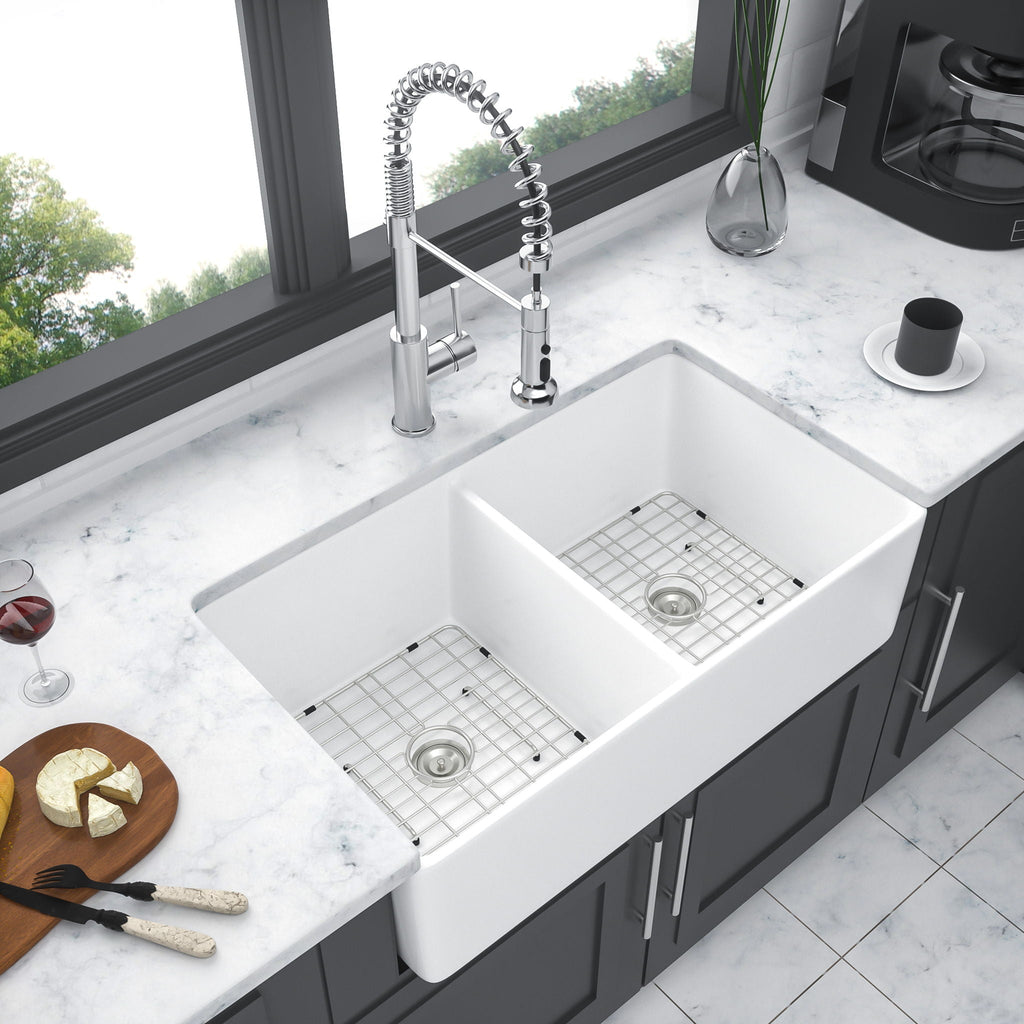 Double Bowl Apron Front Kitchen Sink with Scratch Resistance - White