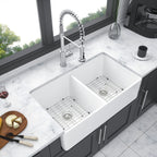 Double Bowl Apron Front Kitchen Sink with Scratch Resistance - White