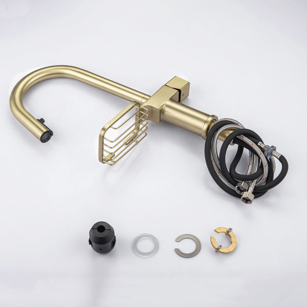 High Arc Pull Down Kitchen Faucet with Built-In Shelf - Pearl Silver or Gold