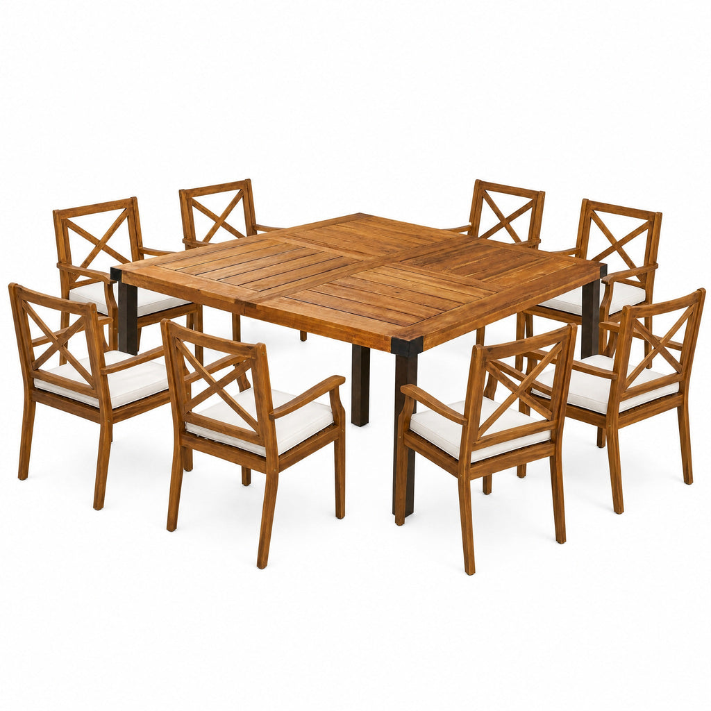 9-Piece Acacia Wood Outdoor Patio Dining Set with X-Back Chairs - Teak Finish