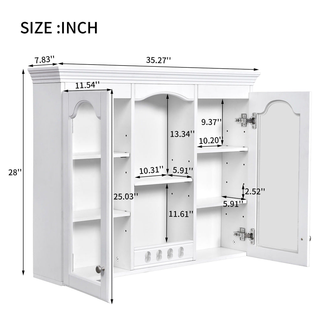 Wall-Mounted Medicine Cabinet with 2 Glass Doors and Adjustable Shelves - White