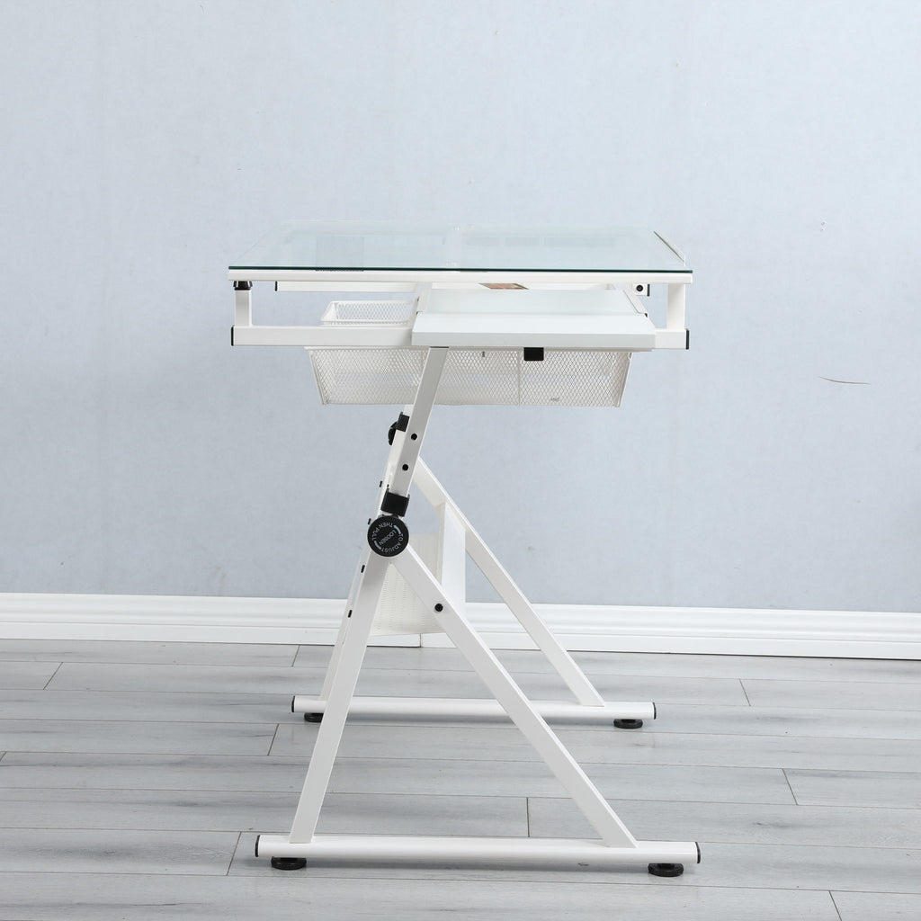 Adjustable Tempered Glass Drafting Printing Table with Chair - Black or White