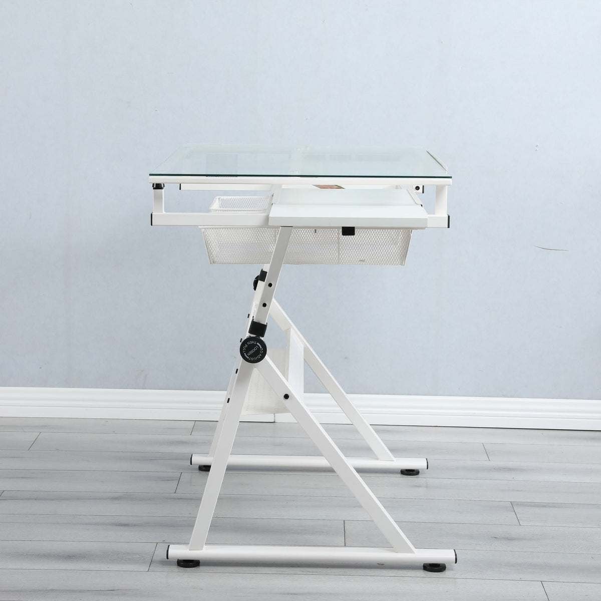 Adjustable Tempered Glass Drafting Printing Table with Chair - Black or White