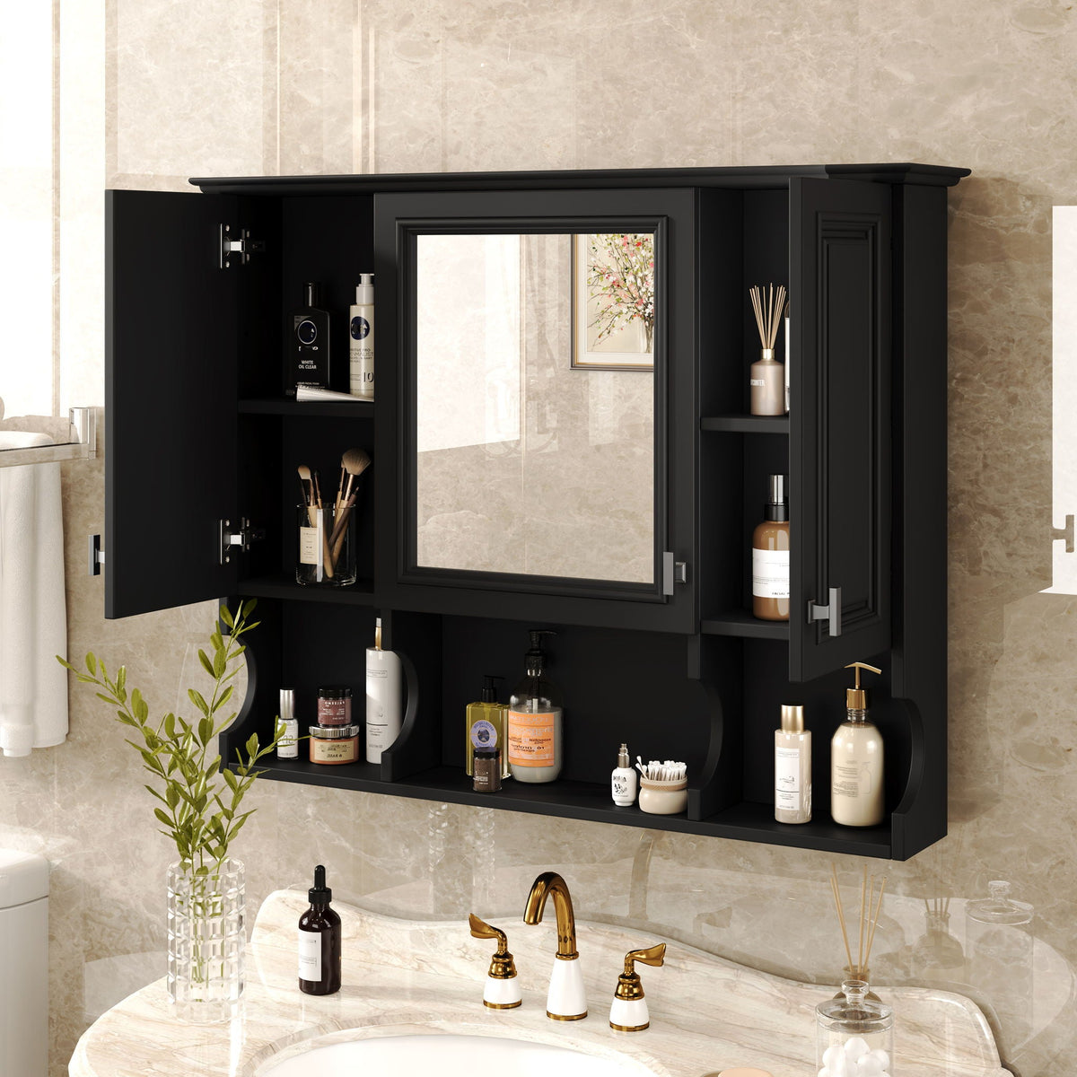 Wall Mounted Bathroom Medicine Cabinet With Mirror & Open Shelves
